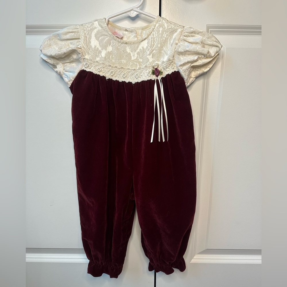 Vintage La Princess Girls Velvet and Ivory Lace Jumpsuit Size 12 Months